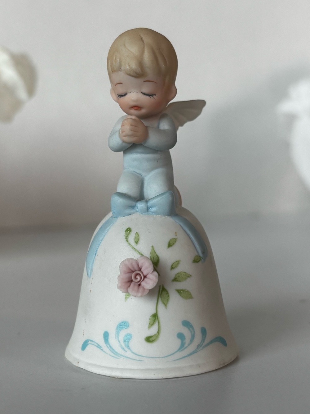 Vintage 1985 Lefton Praying Angel Bell Figurine Praying Boy 3.5”